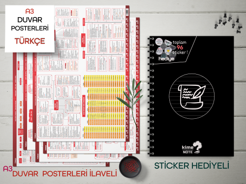 Kime Note  TYT Çizgili Türkçe Okul Defteri Konu Anlatımlı 5 Büyük Poster ve 96 Sticker Hediyeli 9-10-11-12.Sınıfa Uygun
